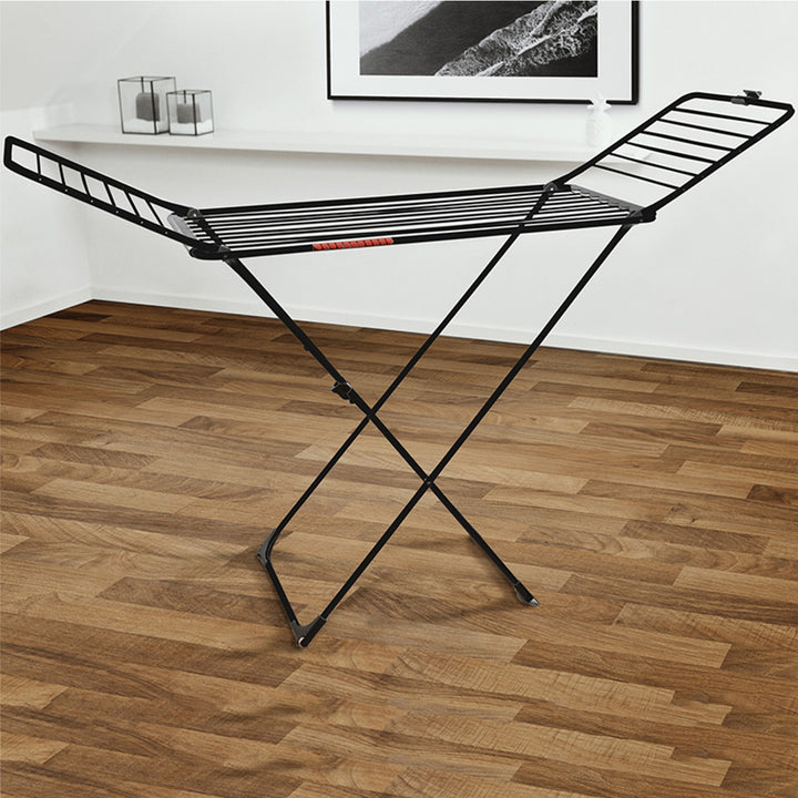 Extra Ultimate clothes horse, 20 m drying line length, winged clothes horse, mobile clothes horse with wheels, small item holder, 173x 56 x116cm, black