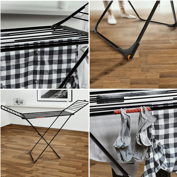 Extra Ultimate clothes horse, 20 m drying line length, winged clothes horse, mobile clothes horse with wheels, small item holder, 173x 56 x116cm, black