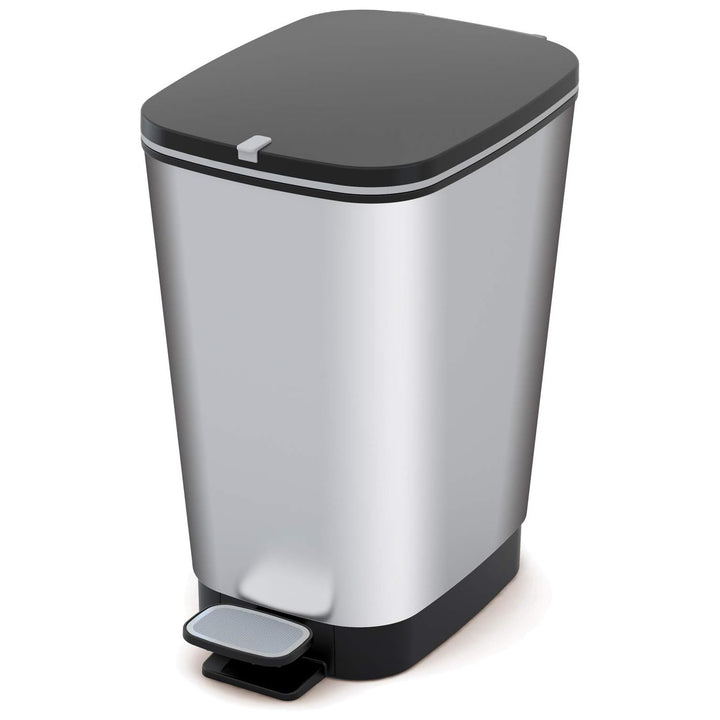 Curver Kis Chic 237544 Pedal Waste Bin 30L Garbage Can Metallic Silver Modern Non-Slip Feet