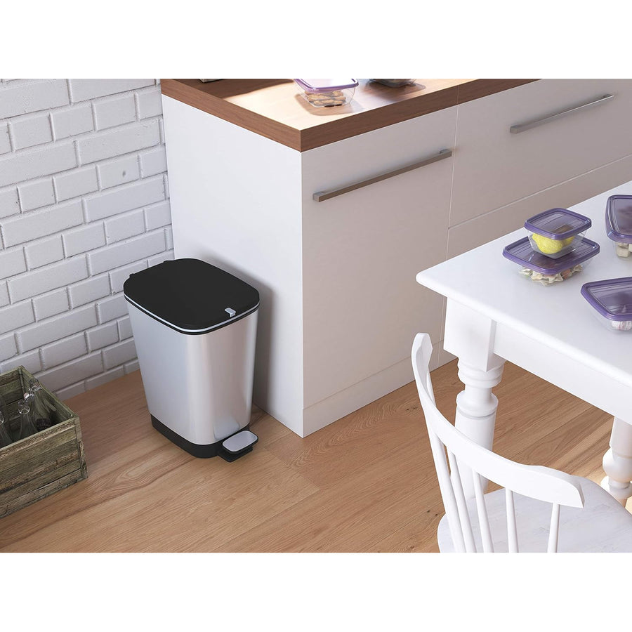 Curver Kis Chic 50L Kitchen Pedal Waste Bin Metallized Rubber Gasket Odour Free Lidded Elegant Silver Garbage Trash Can