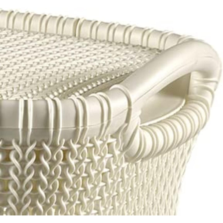 Curver Knit Hamper Laundry Basker 57L Openwork Design Cream White 2 Handles Lidded Vented Decorative Boho Cottagecore