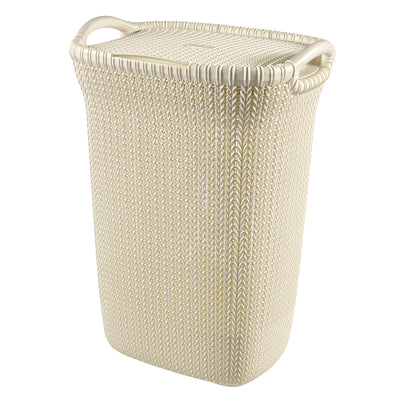 Curver Knit Hamper Laundry Basker 57L Openwork Design Cream White 2 Handles Lidded Vented Decorative Boho Cottagecore