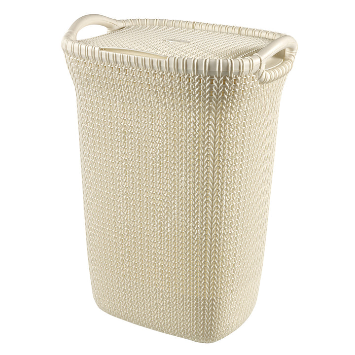 Curver Knit Hamper Laundry Basker 57L Openwork Design Cream White 2 Handles Lidded Vented Decorative Boho Cottagecore