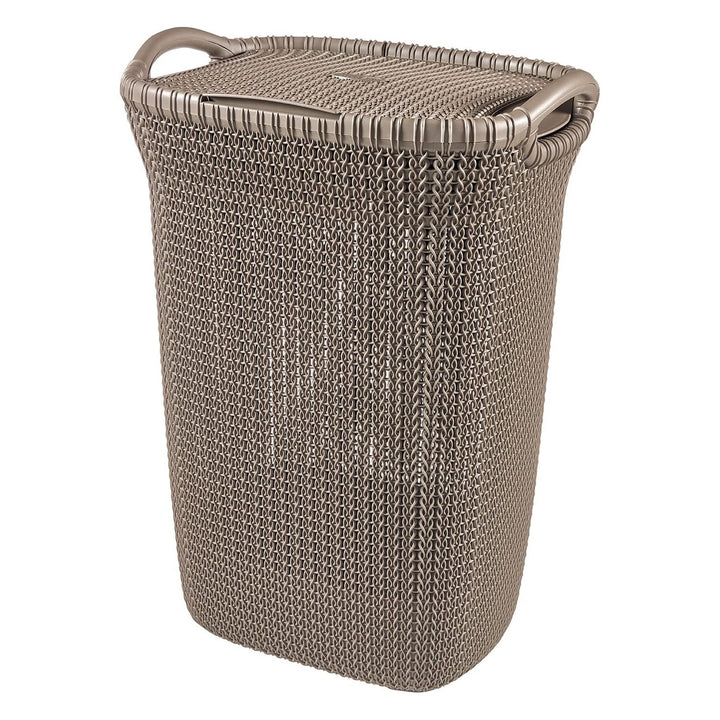 Curver Knit Hamper Laundry Basker 57L Openwork Design Brown 2 Handles Lidded Vented Decorative Boho Cottagecore