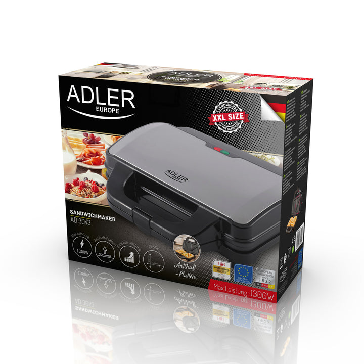 Adler AD 3043 Sandwich Toaster, XXL size, 1300W, Sandwich Maker, Toastie Maker