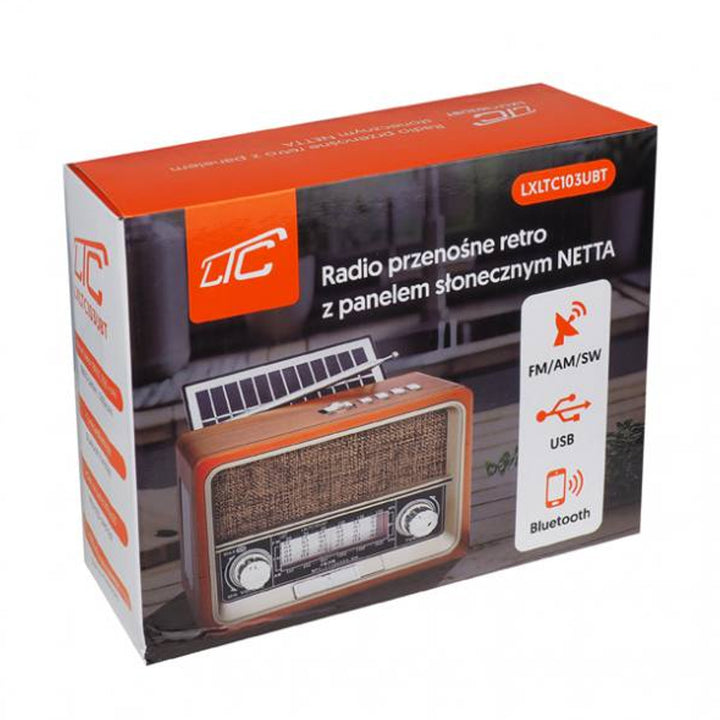 LTC LXLTC103UBT Portable FM Radio Player with Solar Panel RetroVintage 60s Bluetooth FM AM SW USB Solar Panel Rechargeable