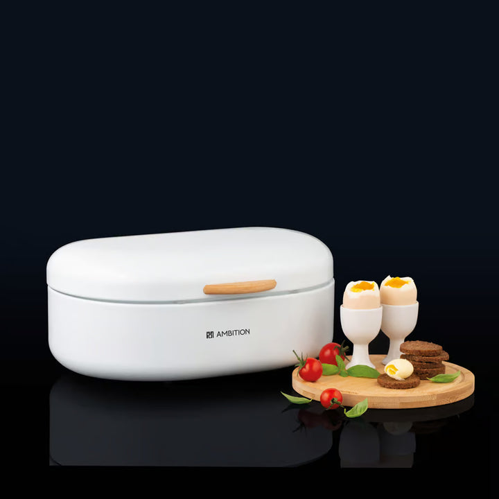 Ambition Breadbox: White steel with wooden handle, 35 cm, Olivier. Functional elegance for stylish kitchen storage.