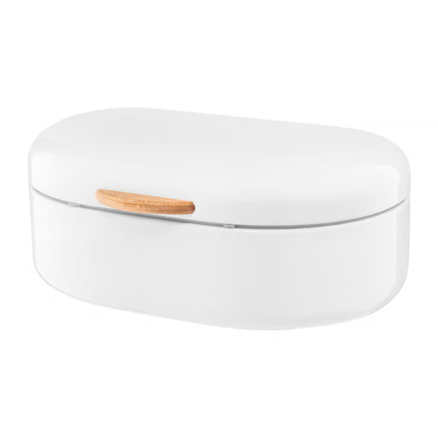 Ambition Breadbox: White steel with wooden handle, 35 cm, Olivier. Functional elegance for stylish kitchen storage.