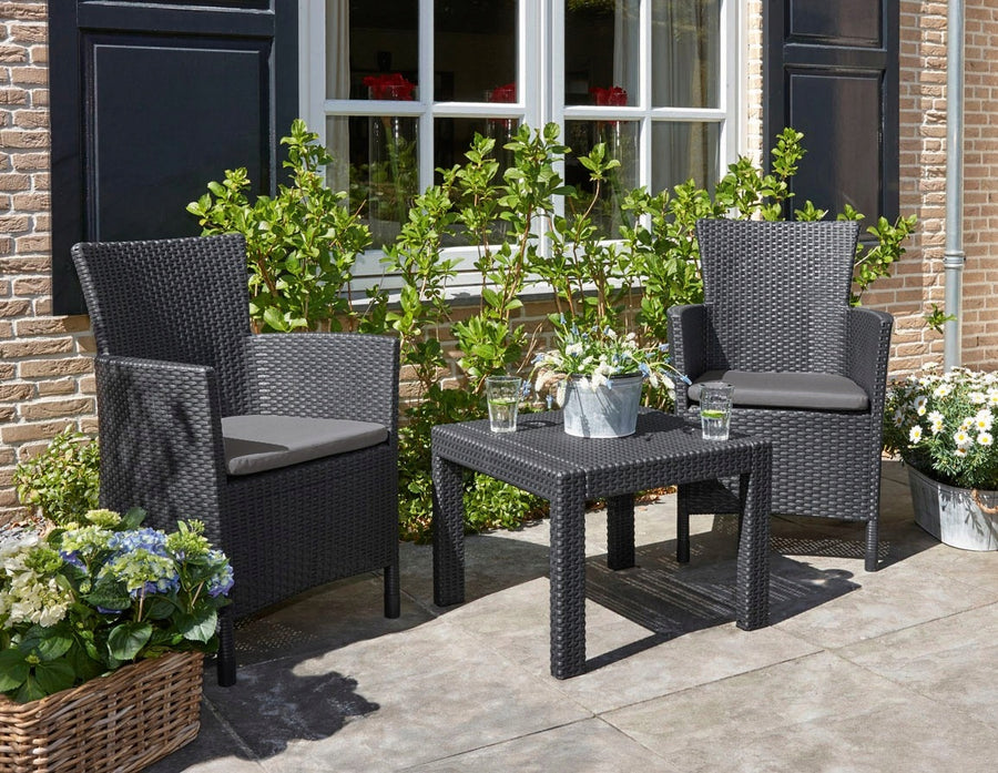 Outdoor Furniture Set Keter Rosario Grey Graphite 2 Armchairs & Table Rattan Style Balcony Garden Patio