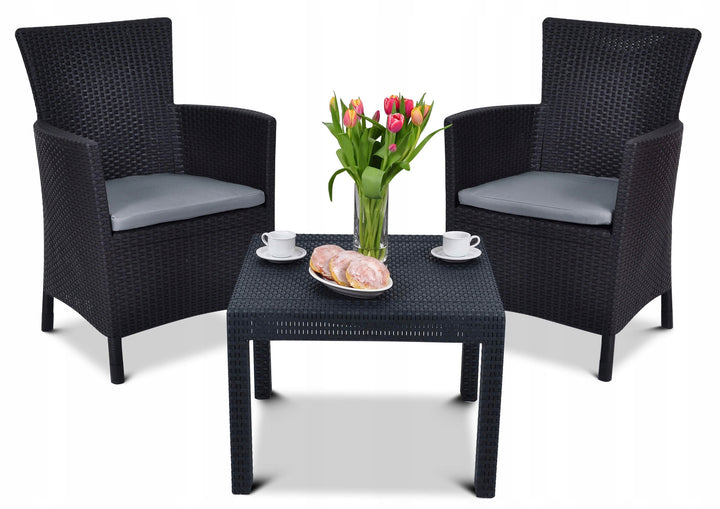 Outdoor Furniture Set Keter Rosario Grey Graphite 2 Armchairs & Table Rattan Style Balcony Garden Patio