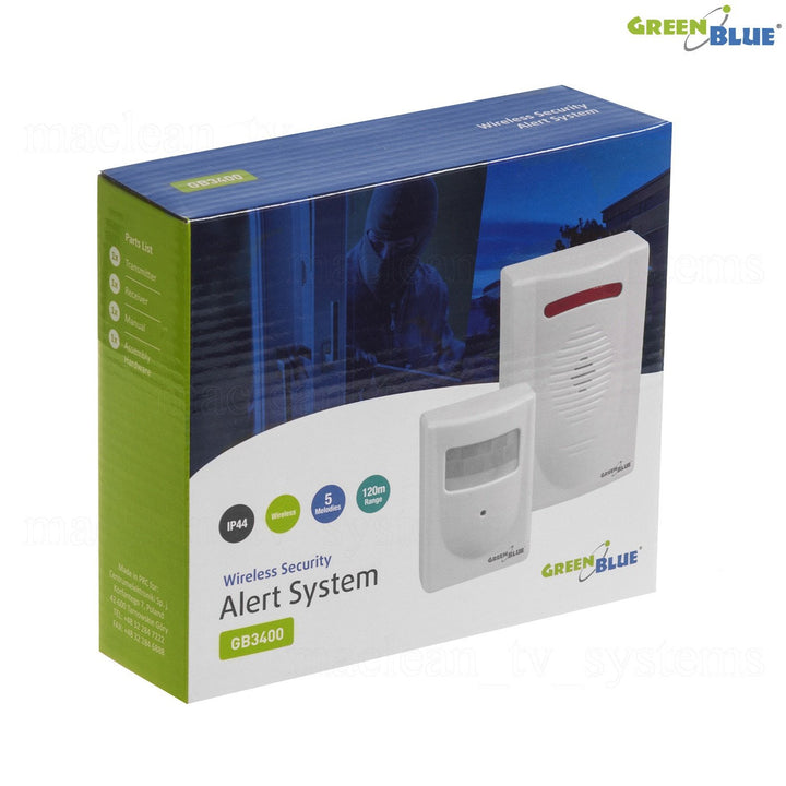 GreenBlue GB3400 PIR Sensor Motion Alarm Wireless Doorbell - 120m Range - 5 Ringtones - LED Indicator - Wireless Security Alert System