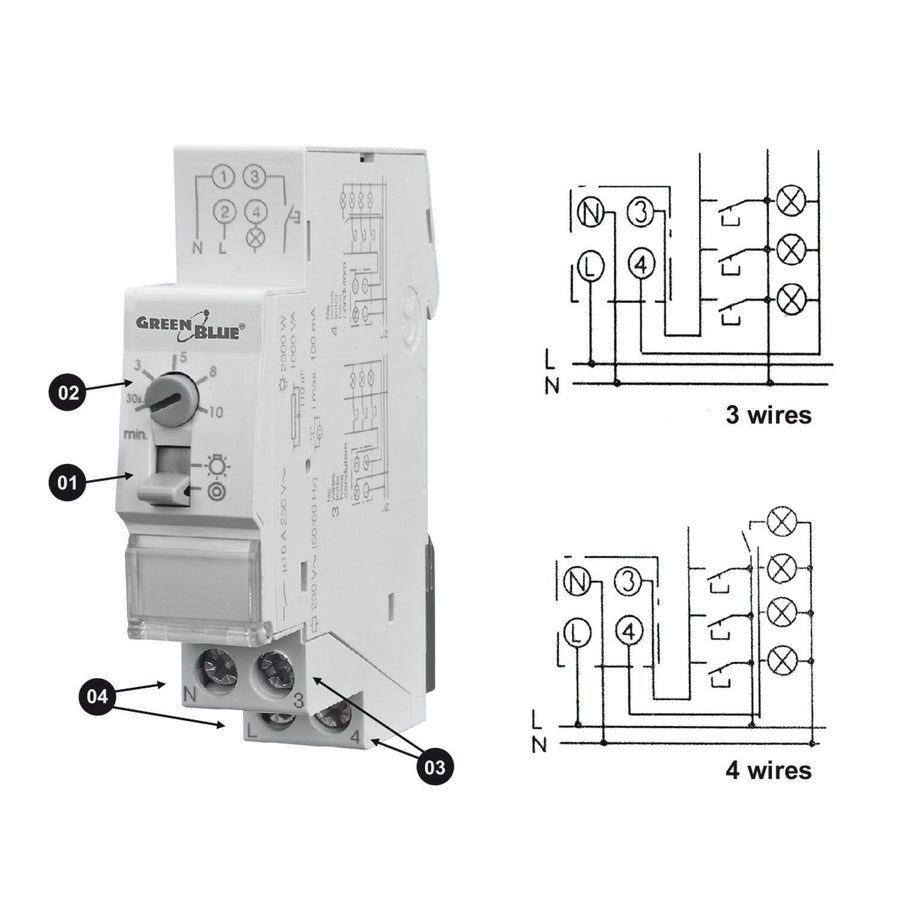 GreenBlue DIN rail staircase automatic, adjustment 30s-10m, max 2300 W, GB114