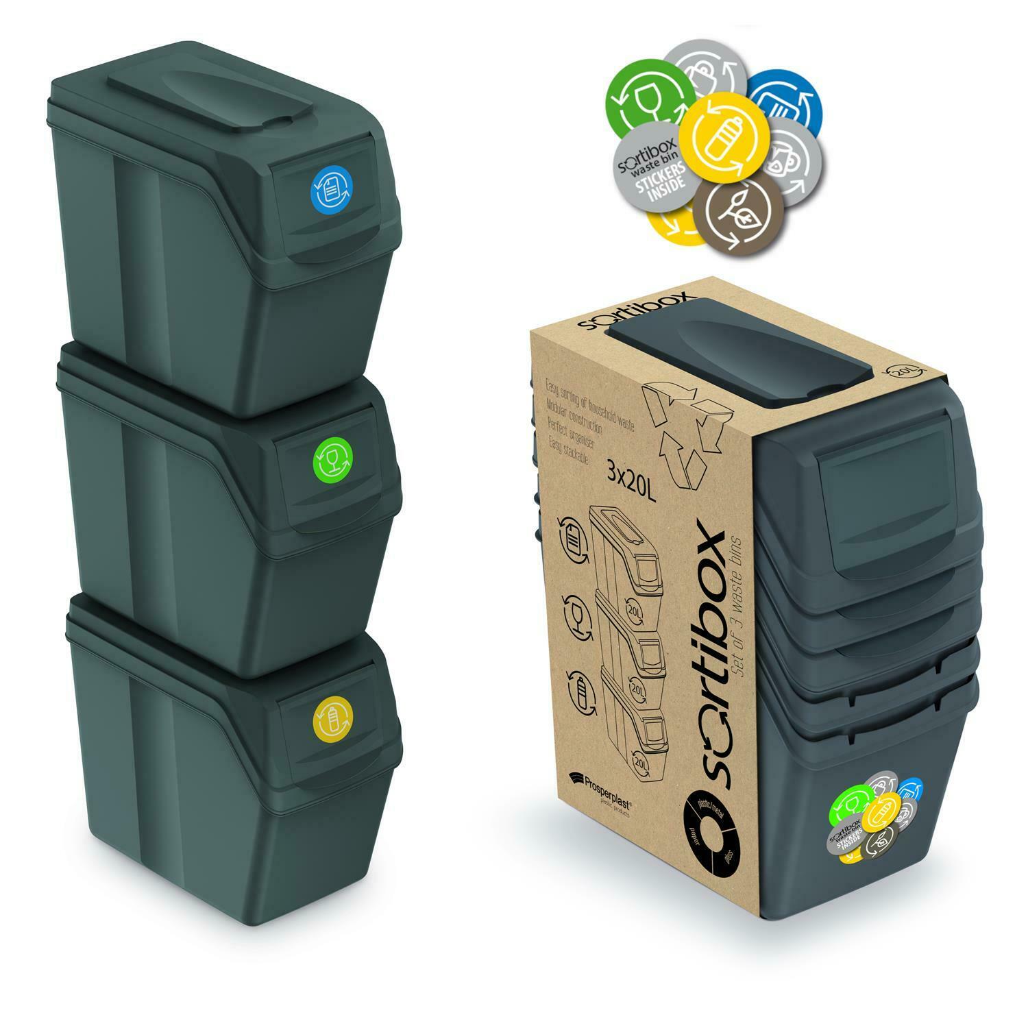 Sorti Box Sortibox 3x20L Gray Recycling Bin Set ISWB20S3 - Efficient Waste Sorti ...